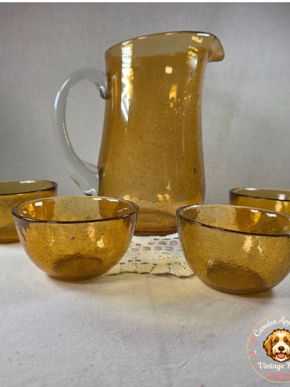 Vintage Amber Bubble Glass Pitcher and 4 Bowls Set Mid Century Hand Blown Style